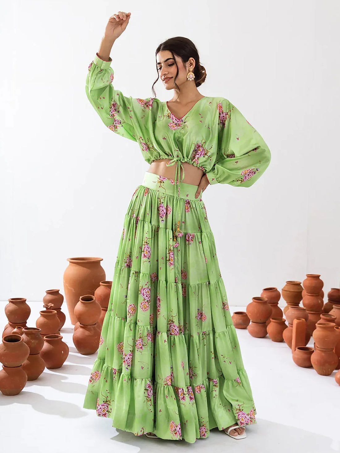 Adorable Pista Green Floral Printed Chinon Event Wear Crop Top Lehenga - Zeel Clothing