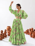 Adorable Pista Green Floral Printed Chinon Event Wear Crop Top Lehenga - Zeel Clothing