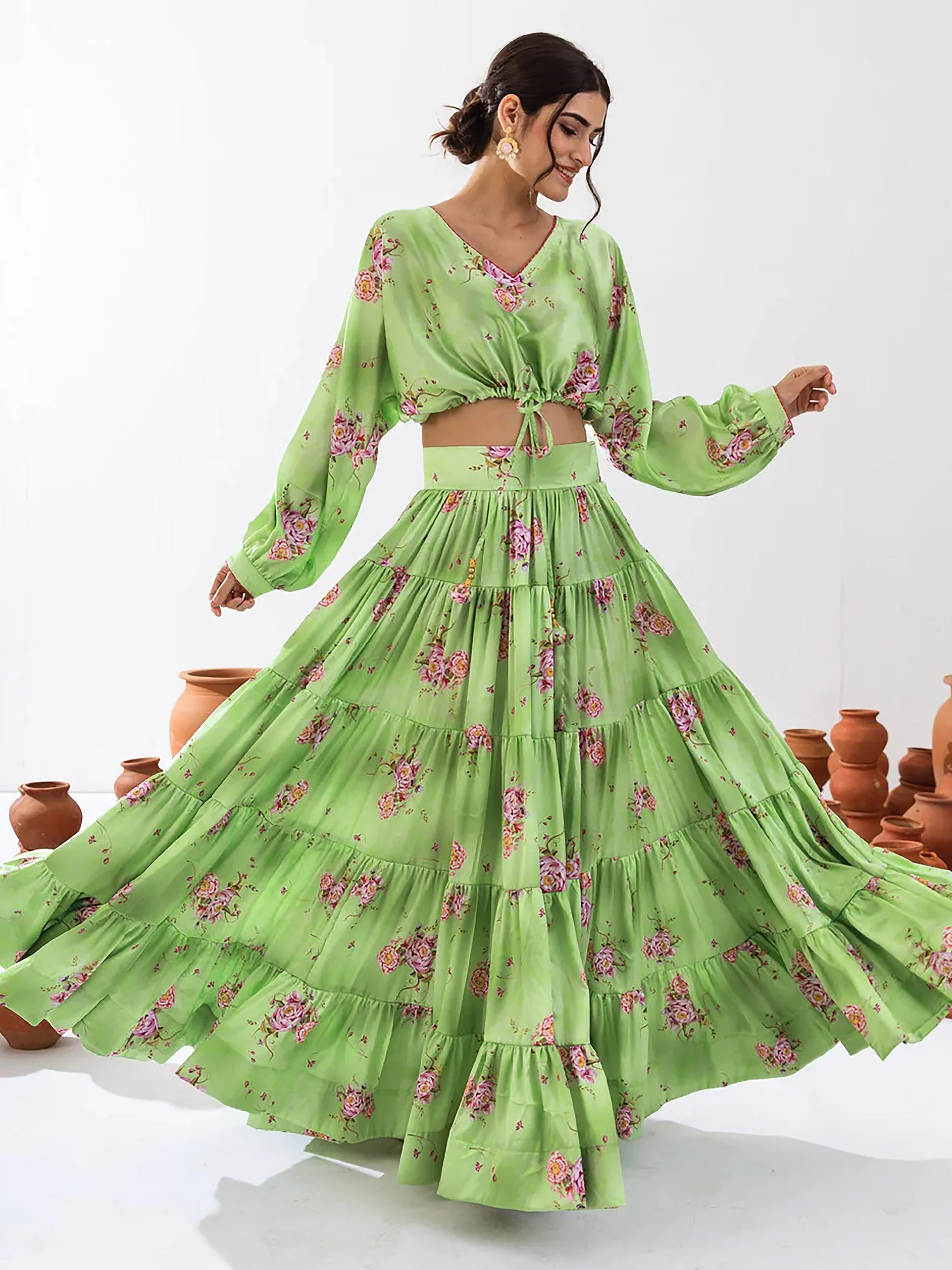 Adorable Pista Green Floral Printed Chinon Event Wear Crop Top Lehenga - Zeel Clothing