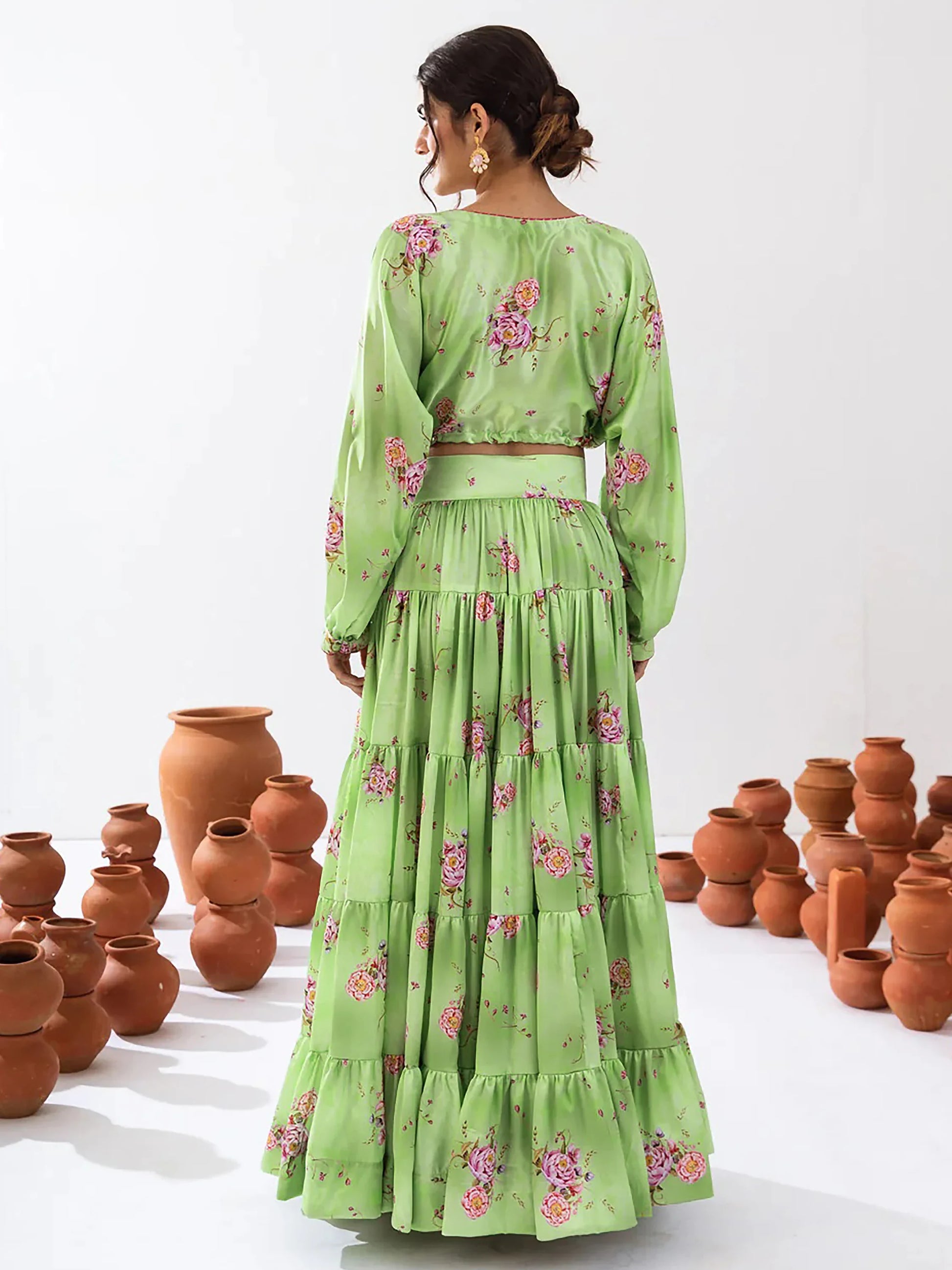 Adorable Pista Green Floral Printed Chinon Event Wear Crop Top Lehenga - Zeel Clothing