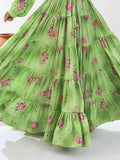 Adorable Pista Green Floral Printed Chinon Event Wear Crop Top Lehenga - Zeel Clothing