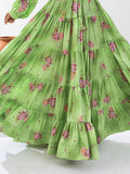 Adorable Pista Green Floral Printed Chinon Event Wear Crop Top Lehenga - Zeel Clothing