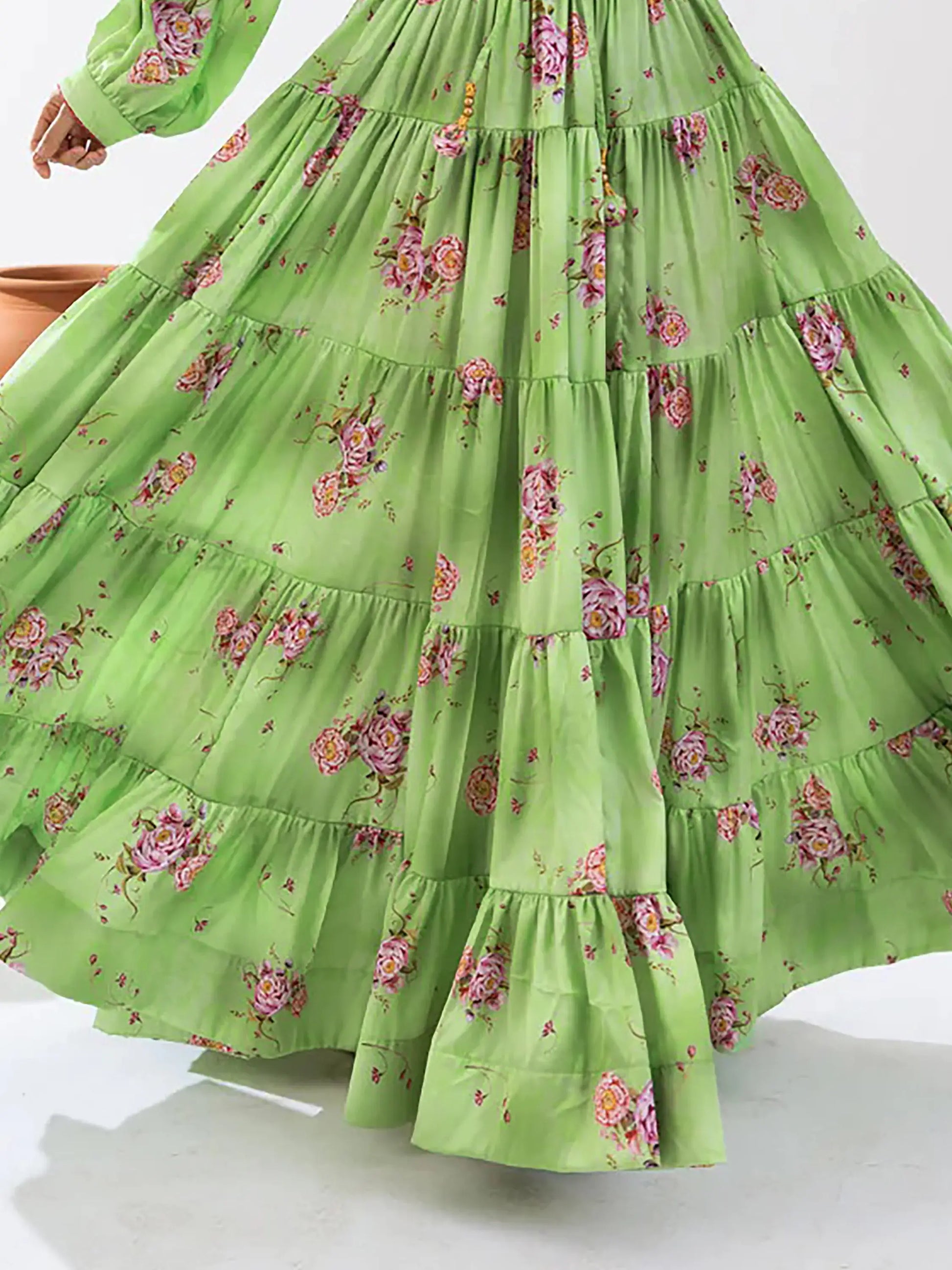 Adorable Pista Green Floral Printed Chinon Event Wear Crop Top Lehenga - Zeel Clothing