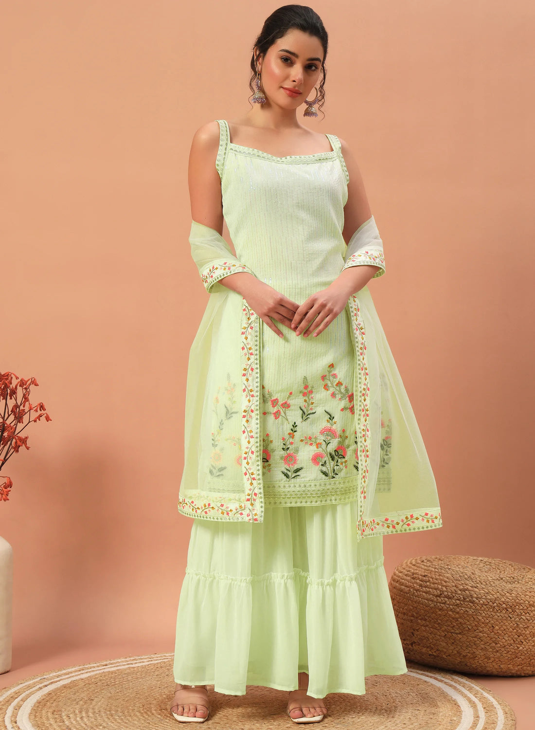 Adorable Pista Green Sequins Georgette Sharara Suit With Dupatta - Zeel Clothing