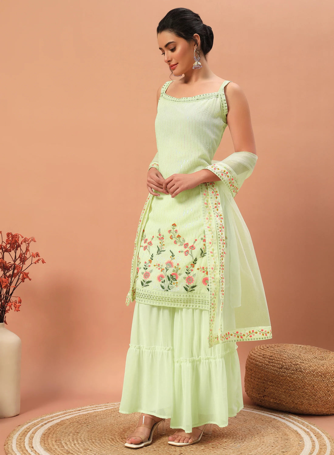 Adorable Pista Green Sequins Georgette Sharara Suit With Dupatta - Zeel Clothing