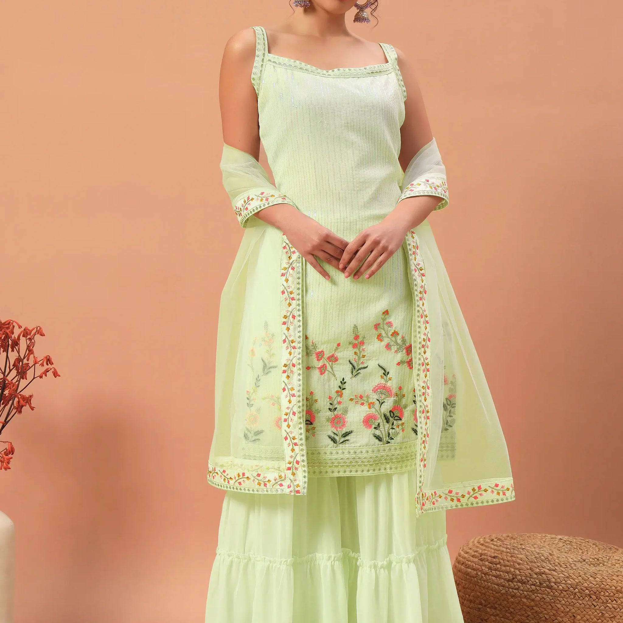 Adorable Pista Green Sequins Georgette Sharara Suit With Dupatta - Zeel Clothing