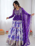 Adorable Purple Floral Printed Georgette Function Wear Lehenga Choli With Koti