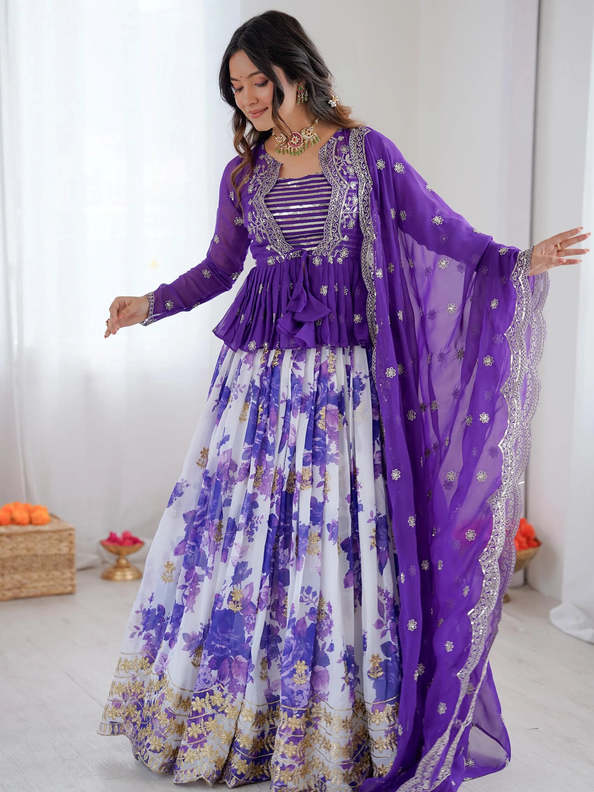 Adorable Purple Floral Printed Georgette Function Wear Lehenga Choli With Koti
