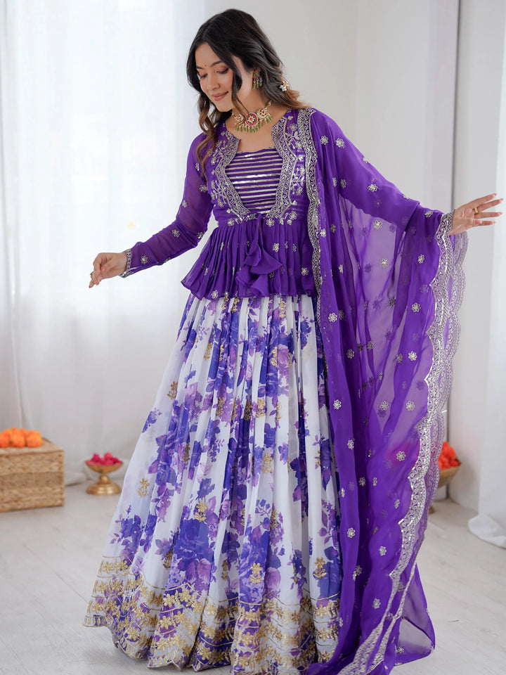 Adorable Purple Floral Printed Georgette Function Wear Lehenga Choli With Koti