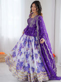 Adorable Purple Floral Printed Georgette Function Wear Lehenga Choli With Koti