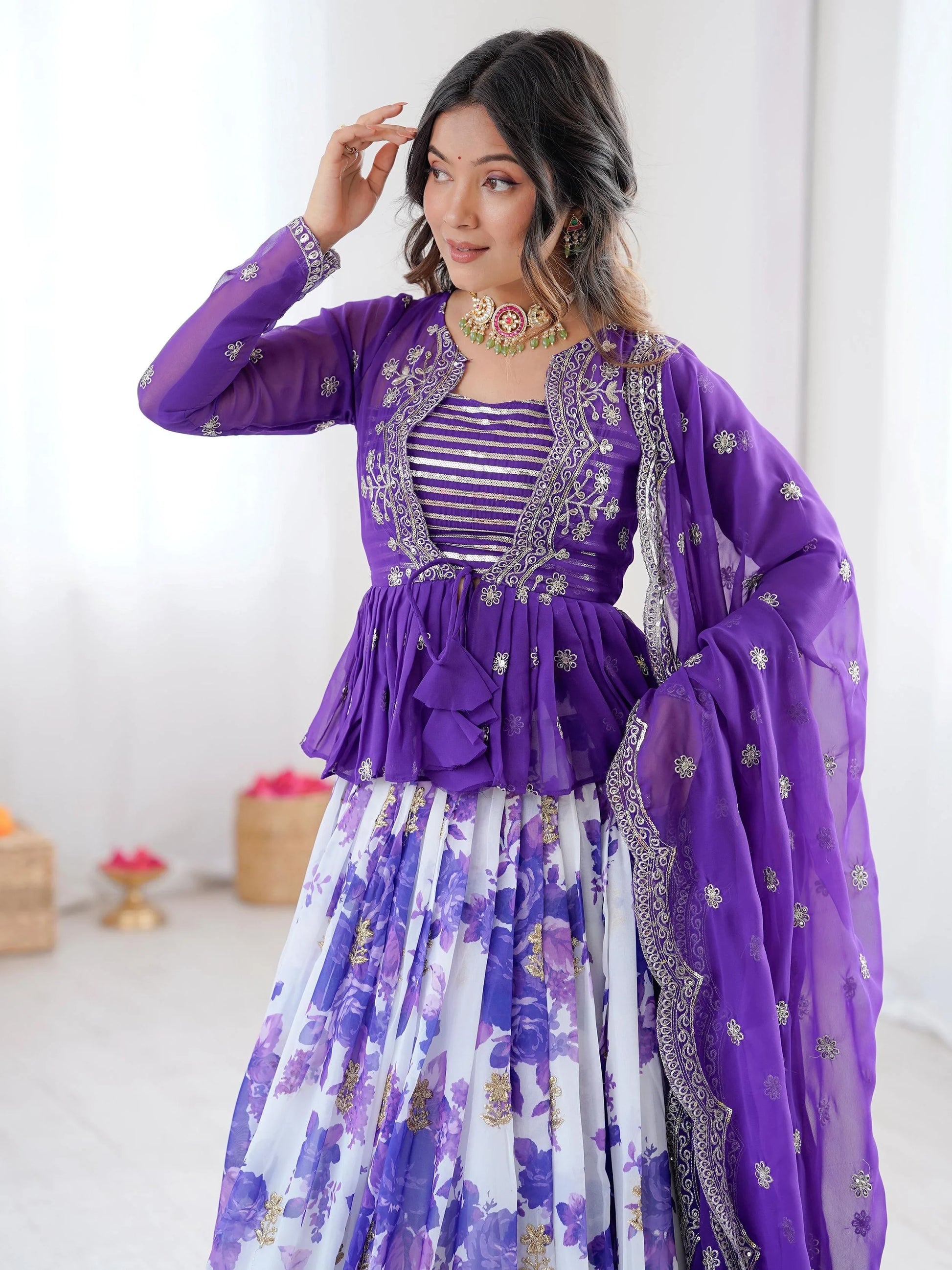 Adorable Purple Floral Printed Georgette Function Wear Lehenga Choli With Koti