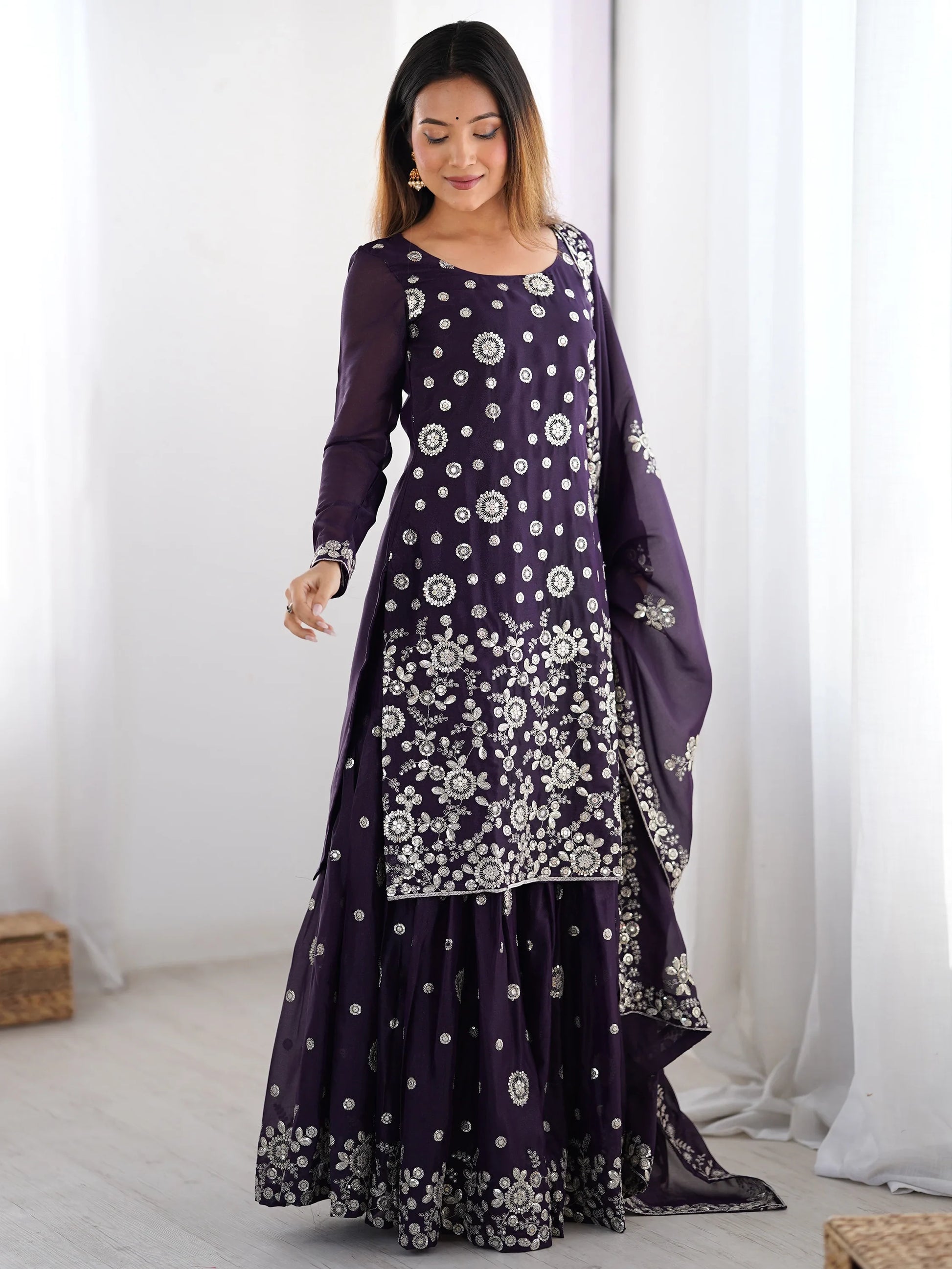 Adorable Purple Sequins Georgette Sharara Suit With Dupatta - Zeel Clothing