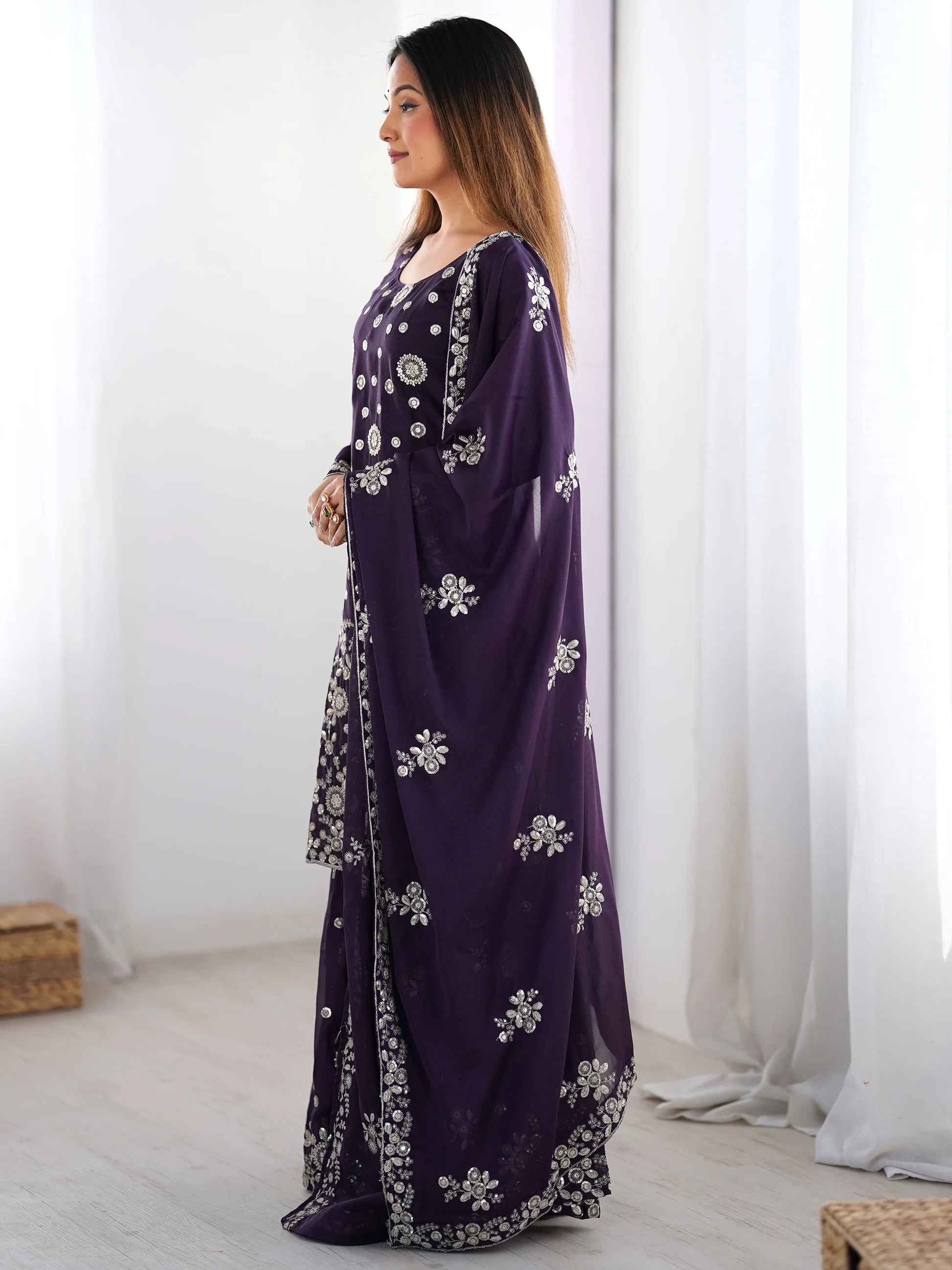 Adorable Purple Sequins Georgette Sharara Suit With Dupatta - Zeel Clothing