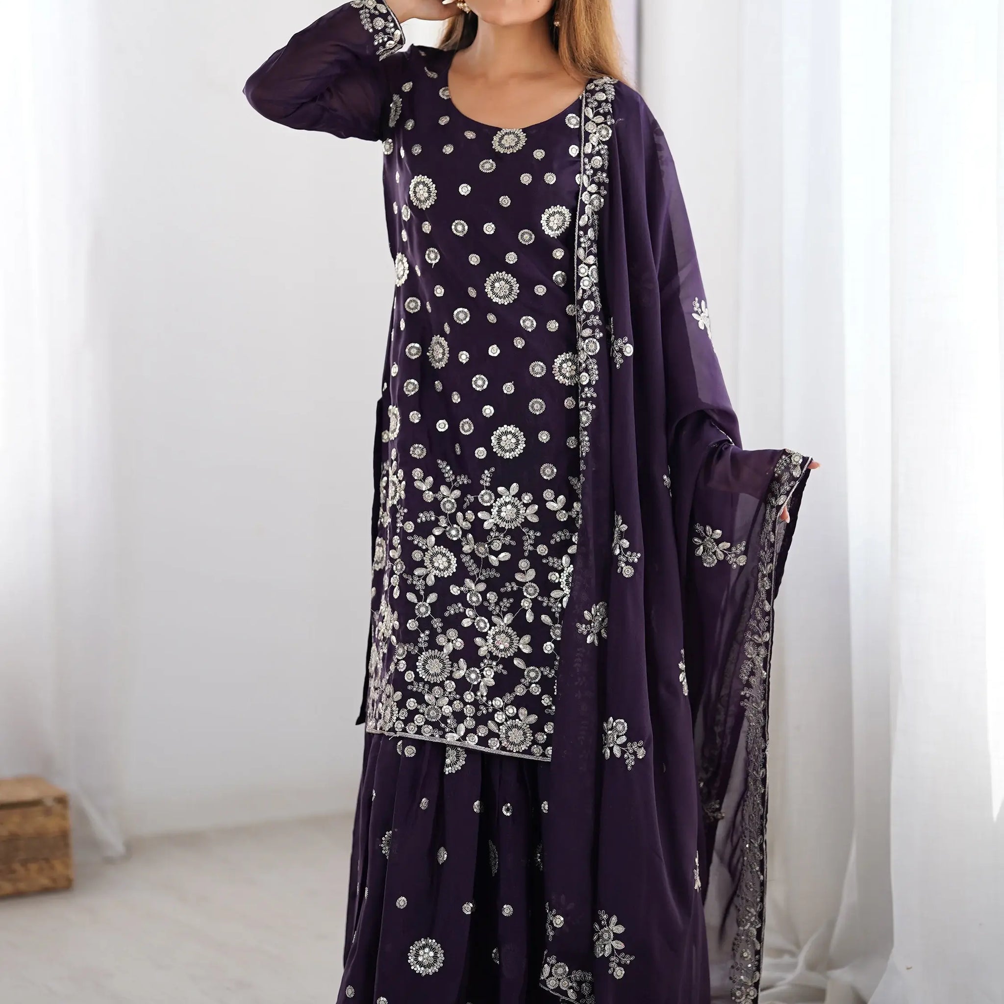 Adorable Purple Sequins Georgette Sharara Suit With Dupatta - Zeel Clothing