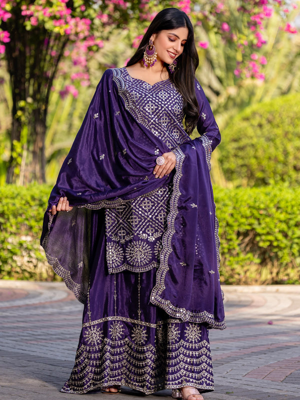 Adorable Purple Sequins Party Wear Chinnon Palazzo Suit - Zeel Clothing