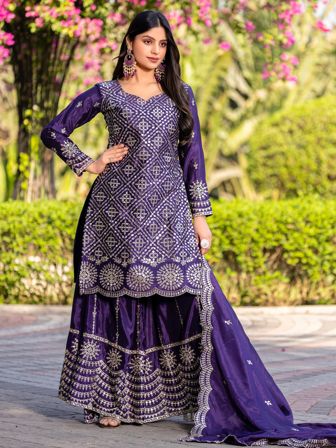 Adorable Purple Sequins Party Wear Chinnon Palazzo Suit - Zeel Clothing