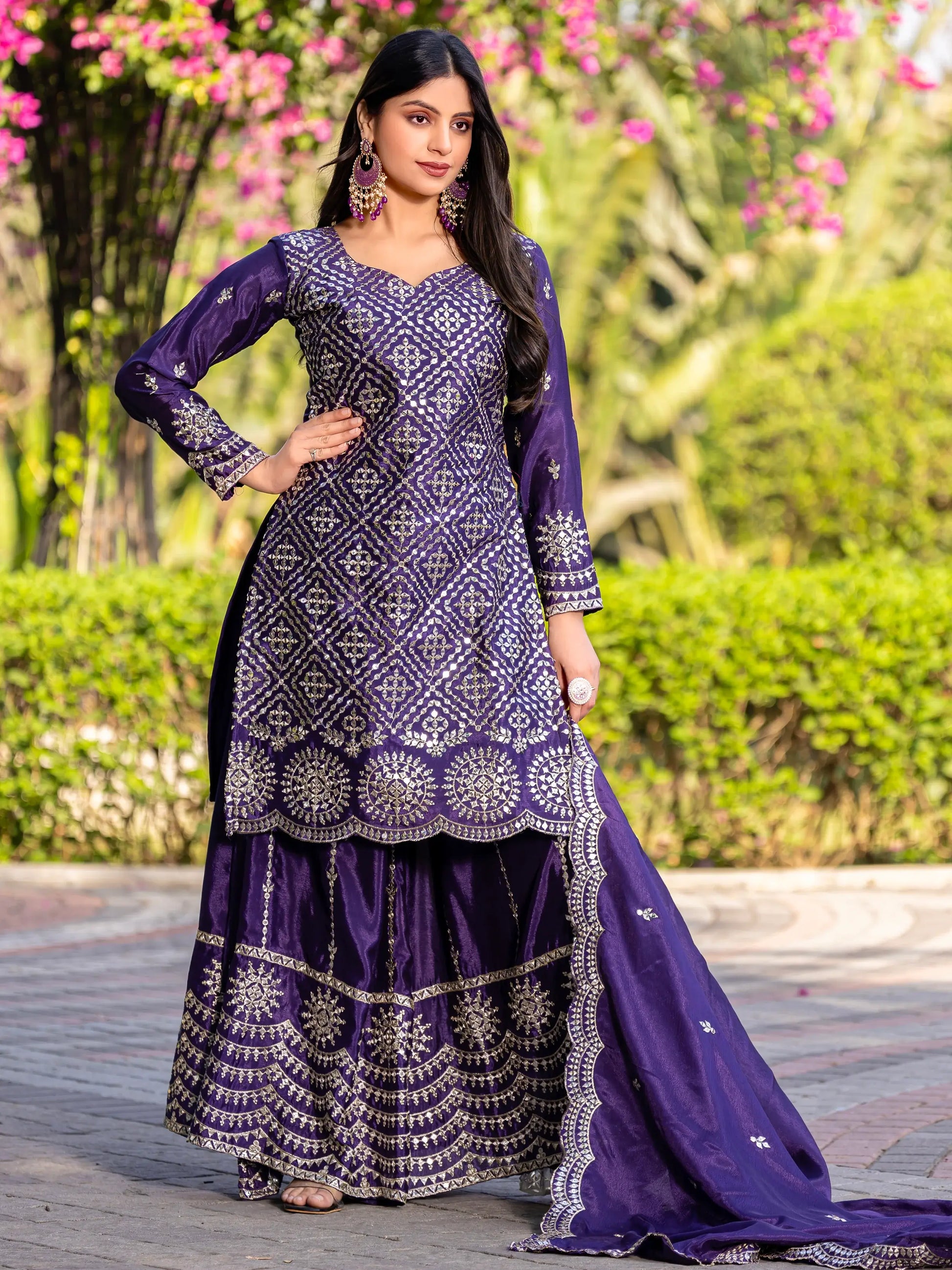 Adorable Purple Sequins Party Wear Chinnon Palazzo Suit - Zeel Clothing