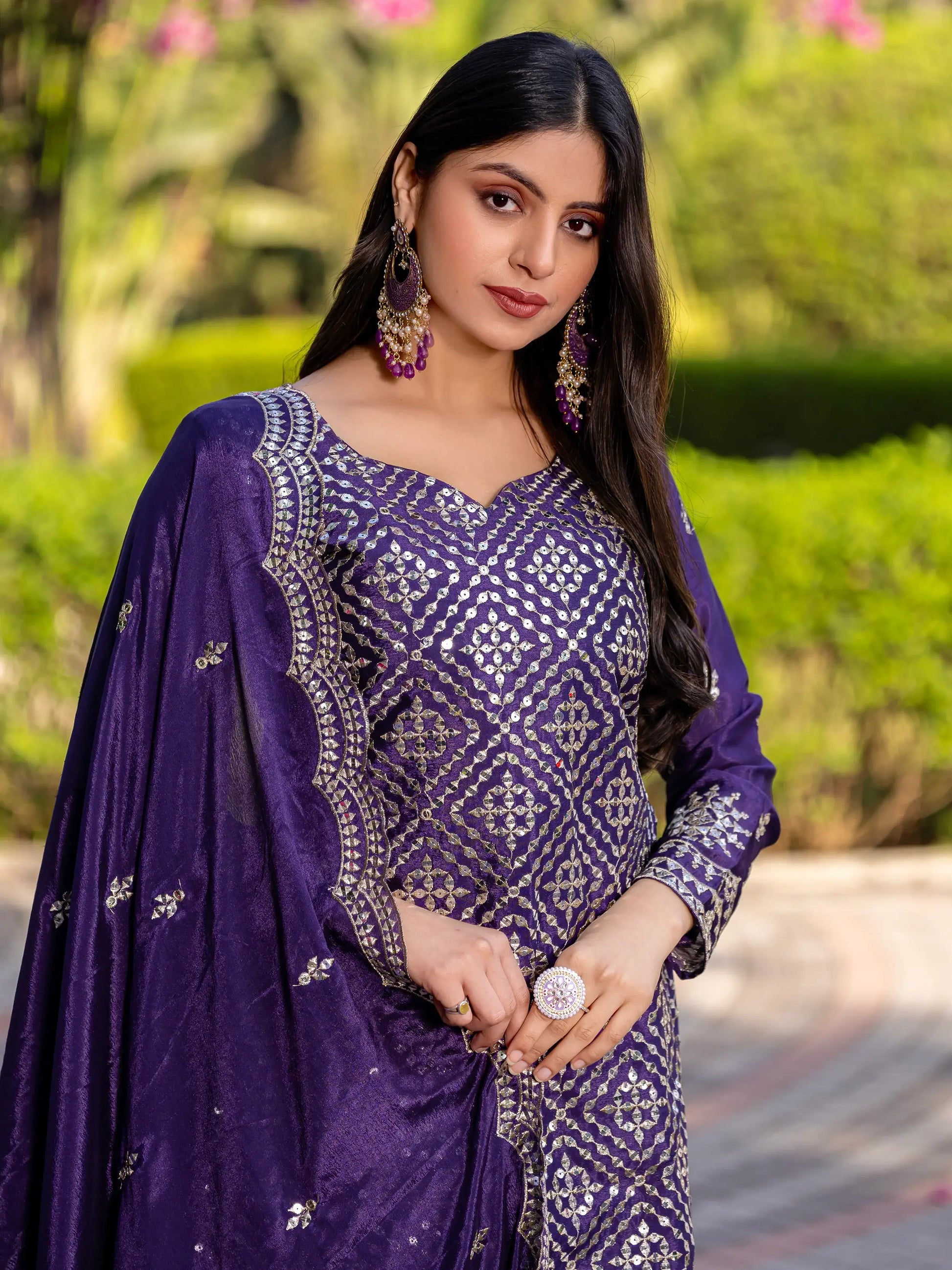 Adorable Purple Sequins Party Wear Chinnon Palazzo Suit - Zeel Clothing