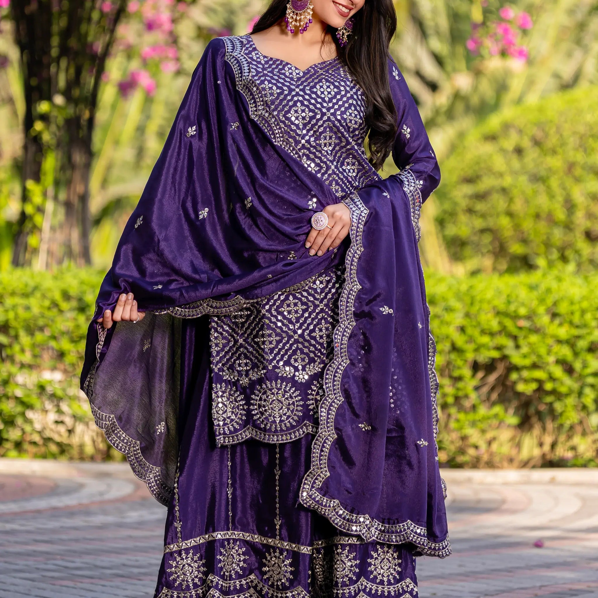 Adorable Purple Sequins Party Wear Chinnon Palazzo Suit - Zeel Clothing