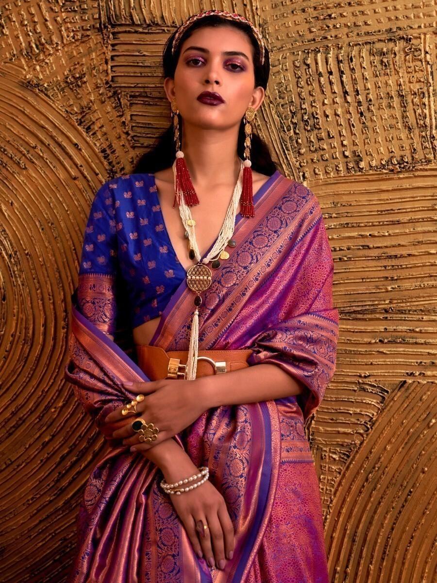 Adorable Purple Weaving Silk Reception Wear Saree With Blouse