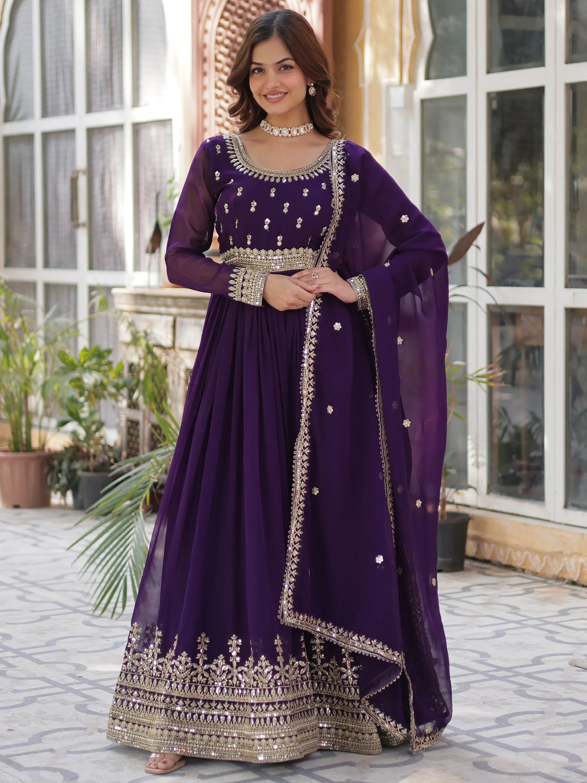 Adorable Purple Zari Embroidered Georgette Festive Wear Gown - Zeel Clothing