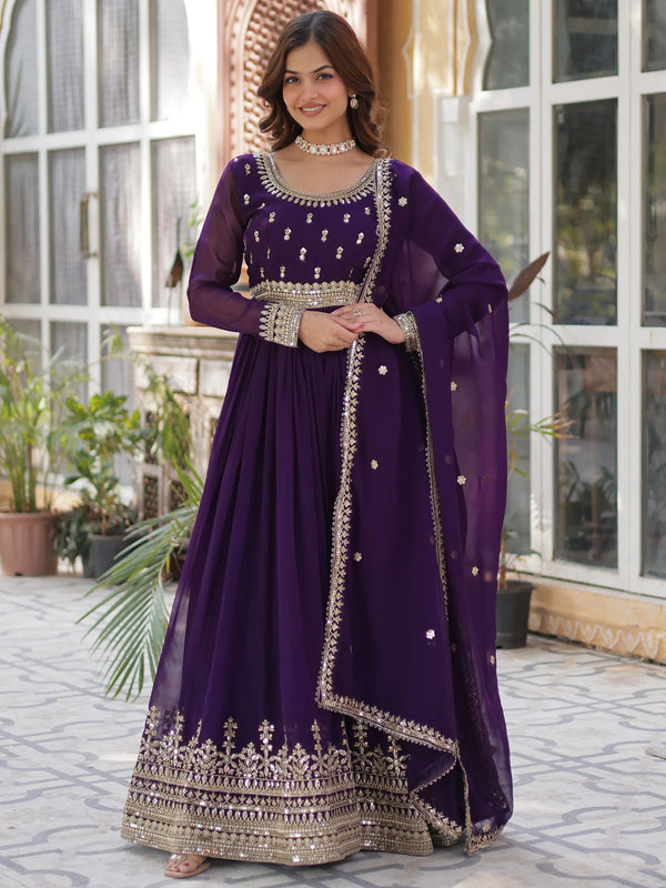 Adorable Purple Zari Embroidered Georgette Festive Wear Gown - Zeel Clothing