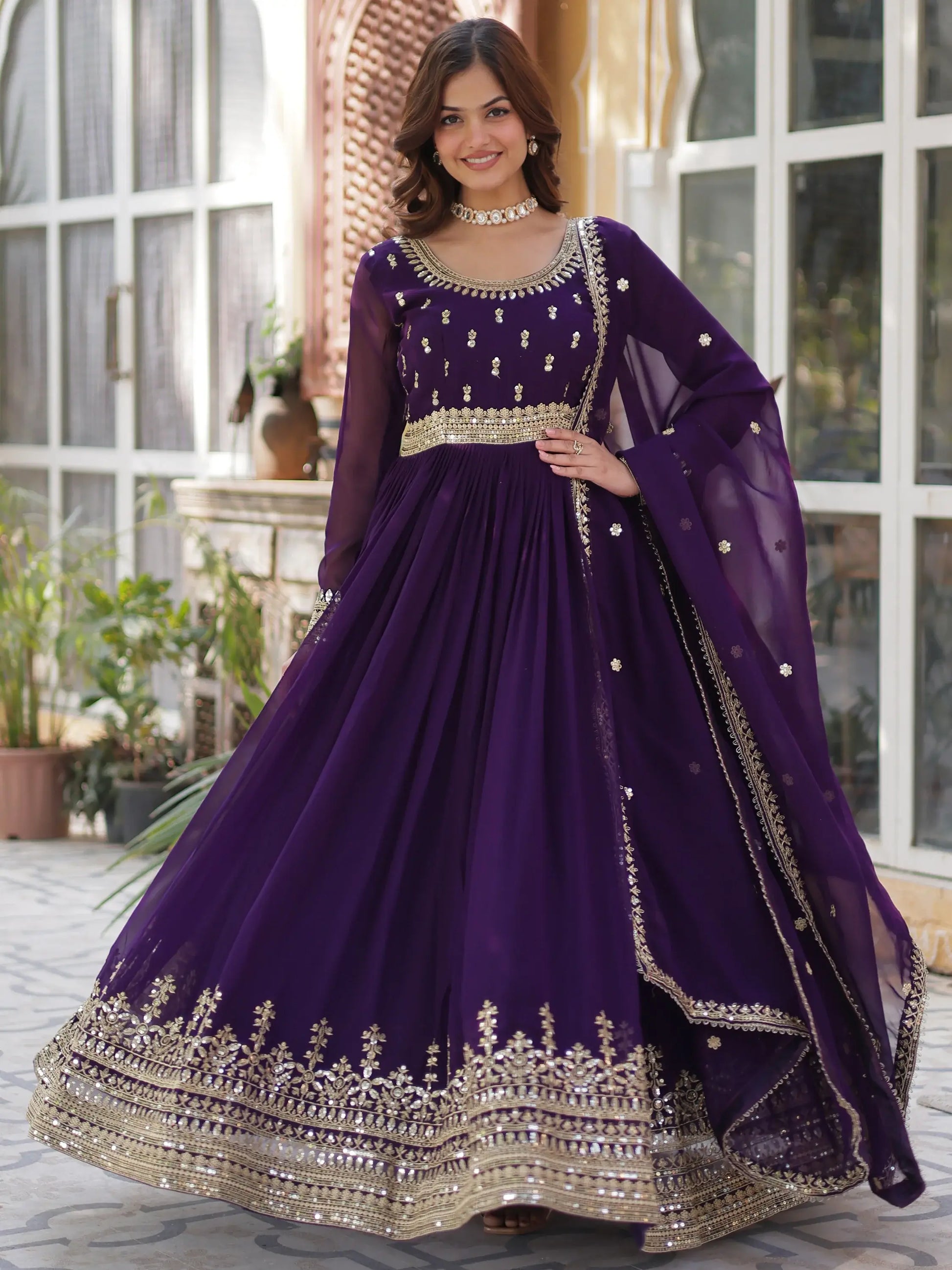 Adorable Purple Zari Embroidered Georgette Festive Wear Gown - Zeel Clothing