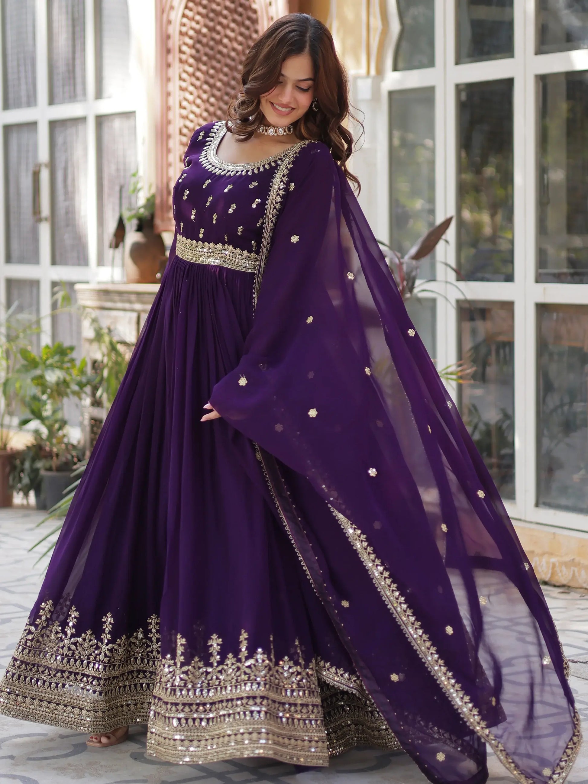 Adorable Purple Zari Embroidered Georgette Festive Wear Gown - Zeel Clothing