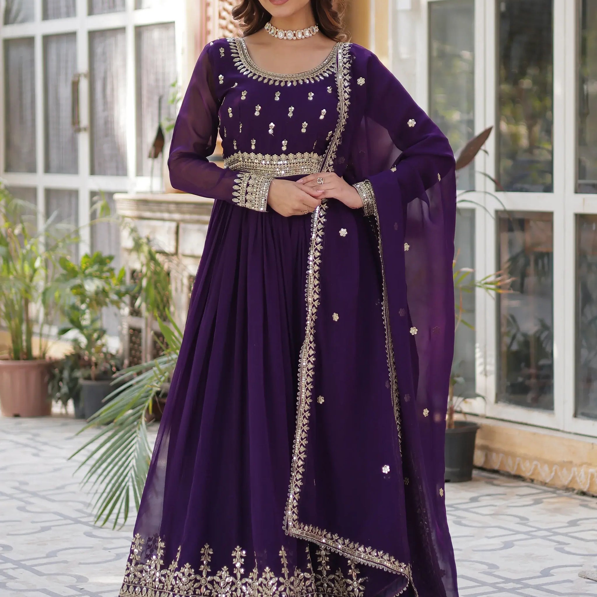 Adorable Purple Zari Embroidered Georgette Festive Wear Gown - Zeel Clothing
