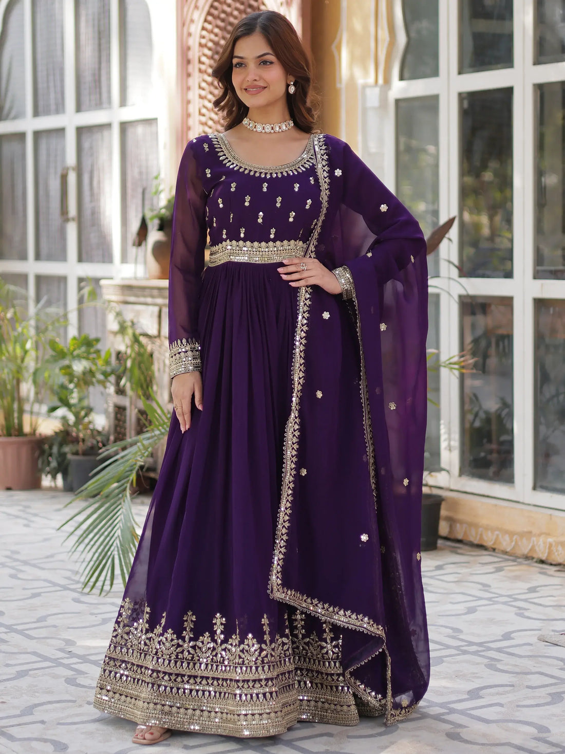 Adorable Purple Zari Embroidered Georgette Festive Wear Gown - Zeel Clothing