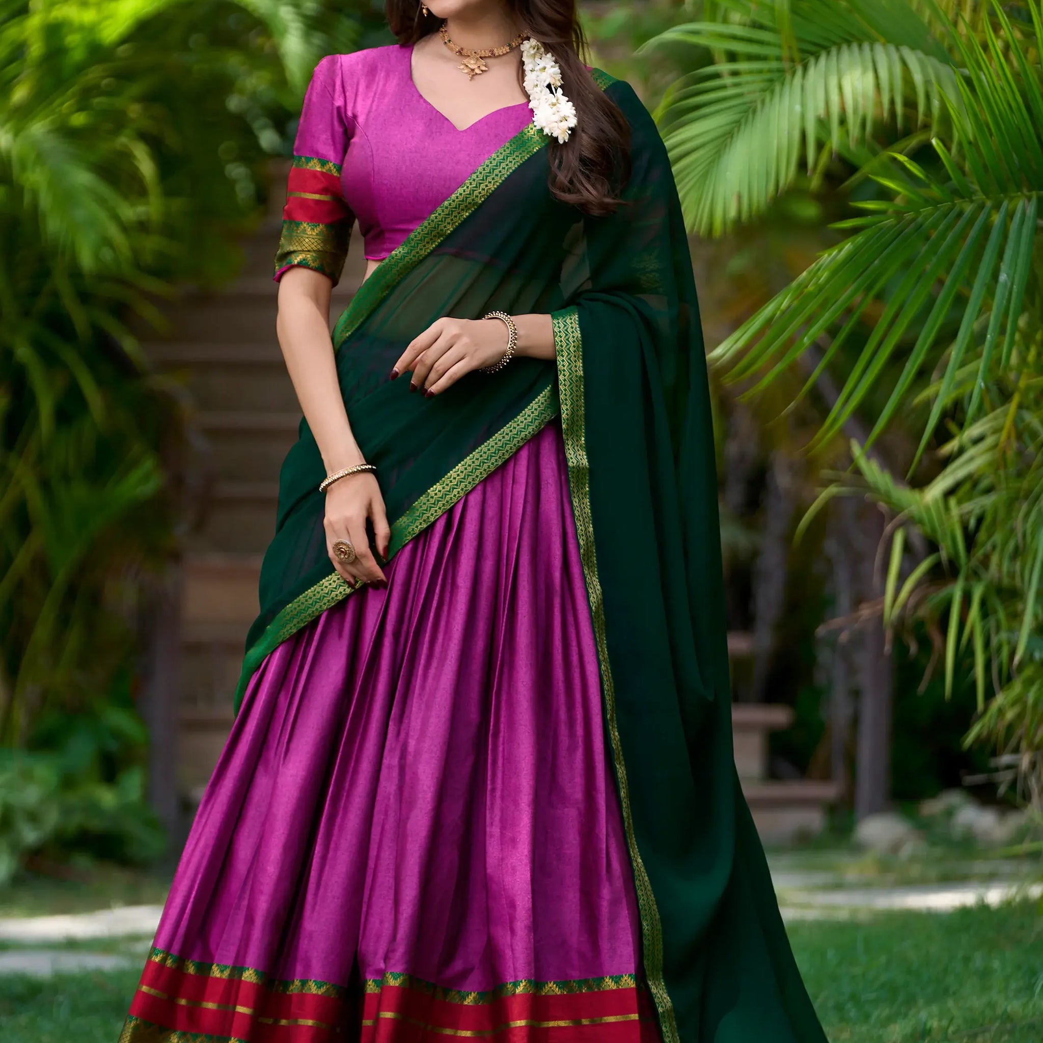 Adorable Purple Zari Weaving Cotton Festival Wear Half Saree Lehenga - Zeel Clothing