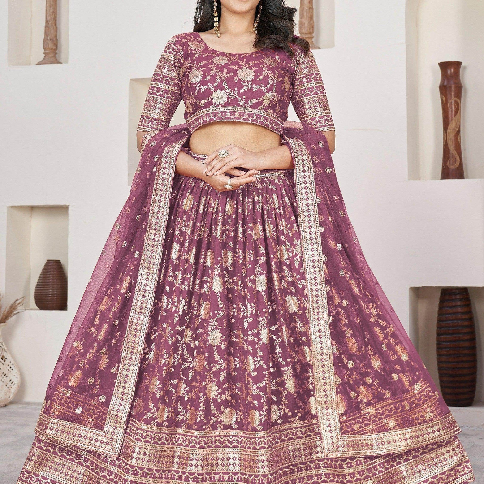 Adorable Purple Zari Work Jacquard Lehenga Choli With Dupatta - Zeel Clothing