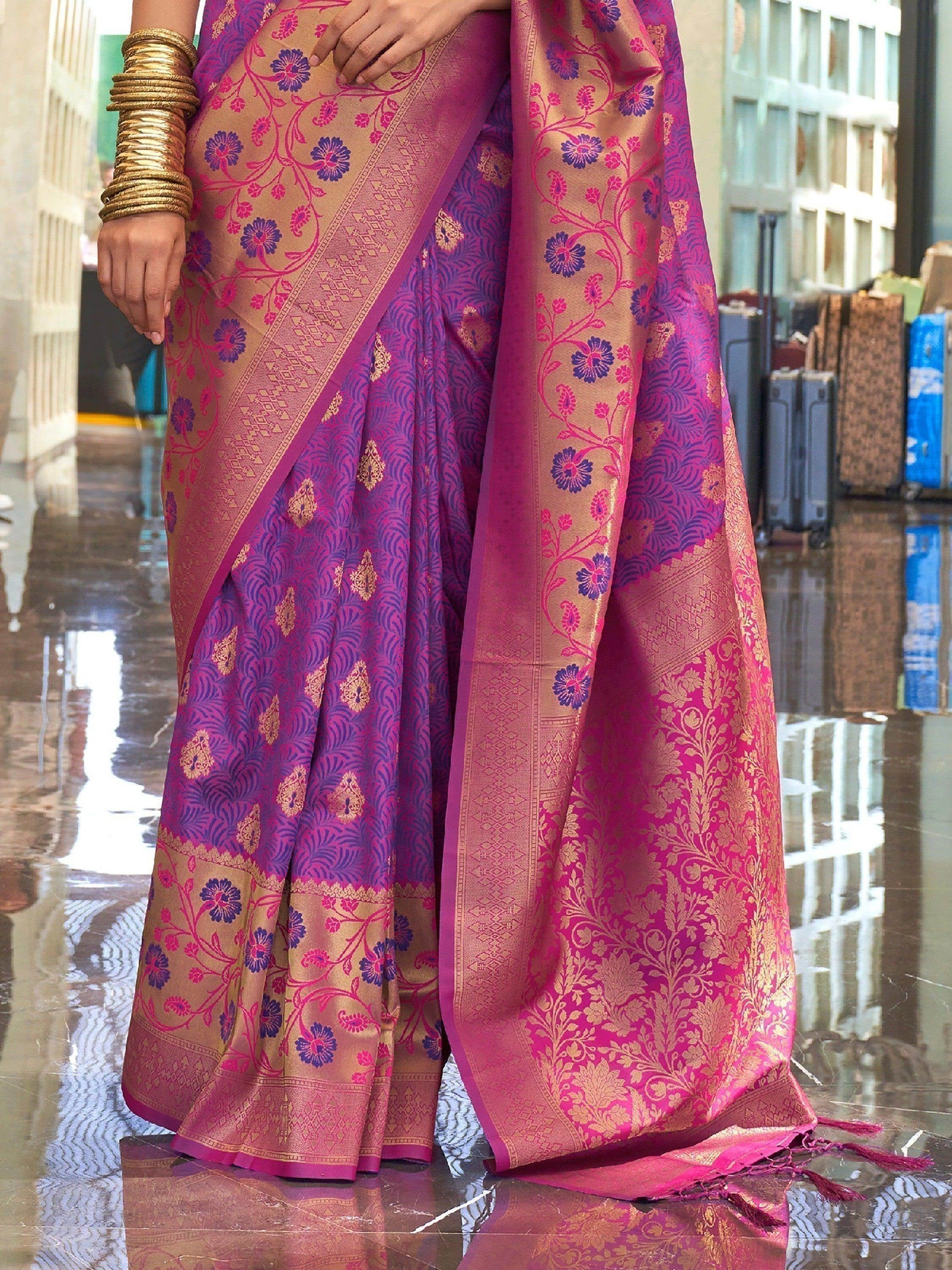 Adorable Rani Pink & Purple Handloom Weaving Silk Saree With Blouse - Zeel Clothing