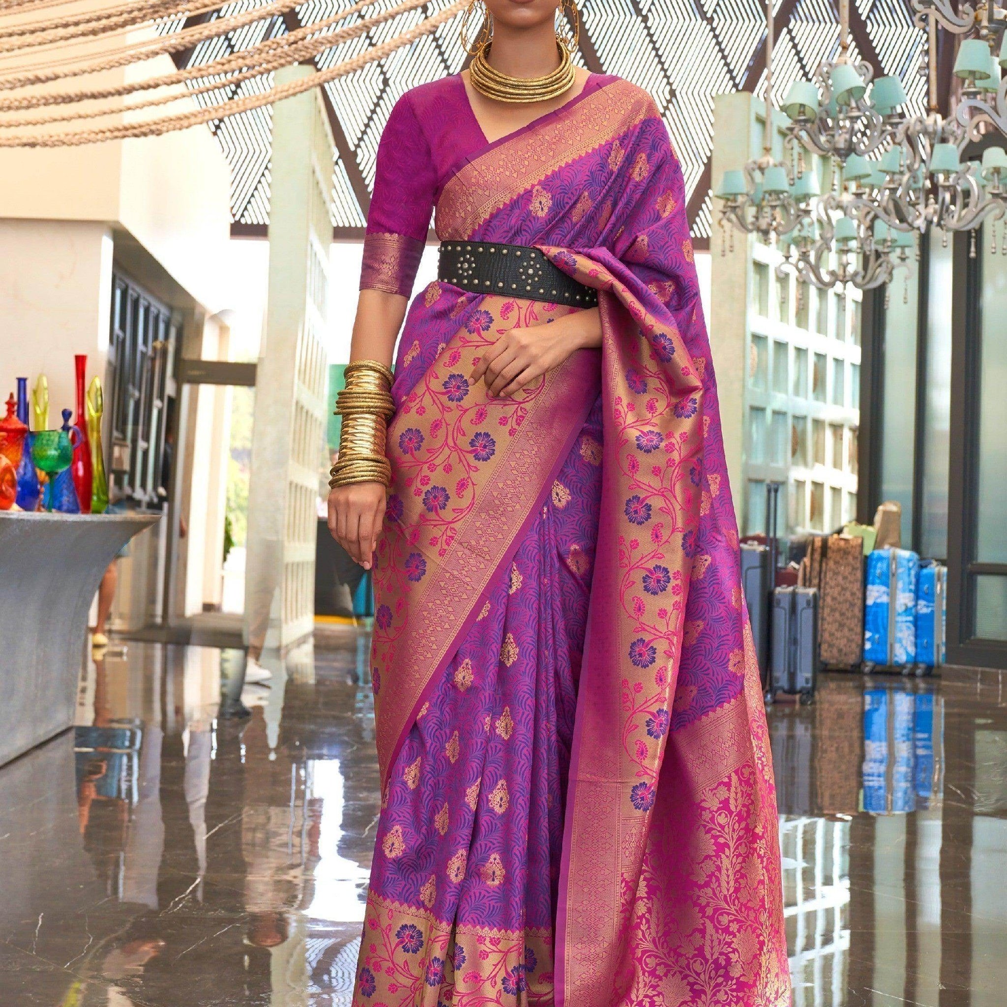 Adorable Rani Pink & Purple Handloom Weaving Silk Saree With Blouse - Zeel Clothing