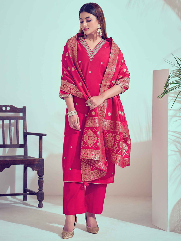 Adorable Rani Pink Cord Embroidery Silk Event Wear Pant Suit - Zeel Clothing