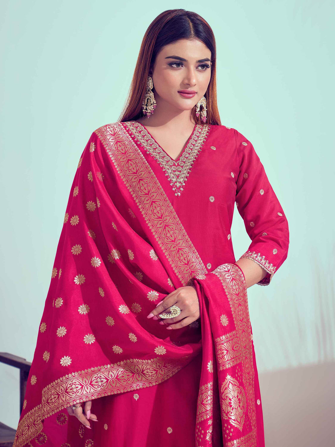 Adorable Rani Pink Cord Embroidery Silk Event Wear Pant Suit - Zeel Clothing