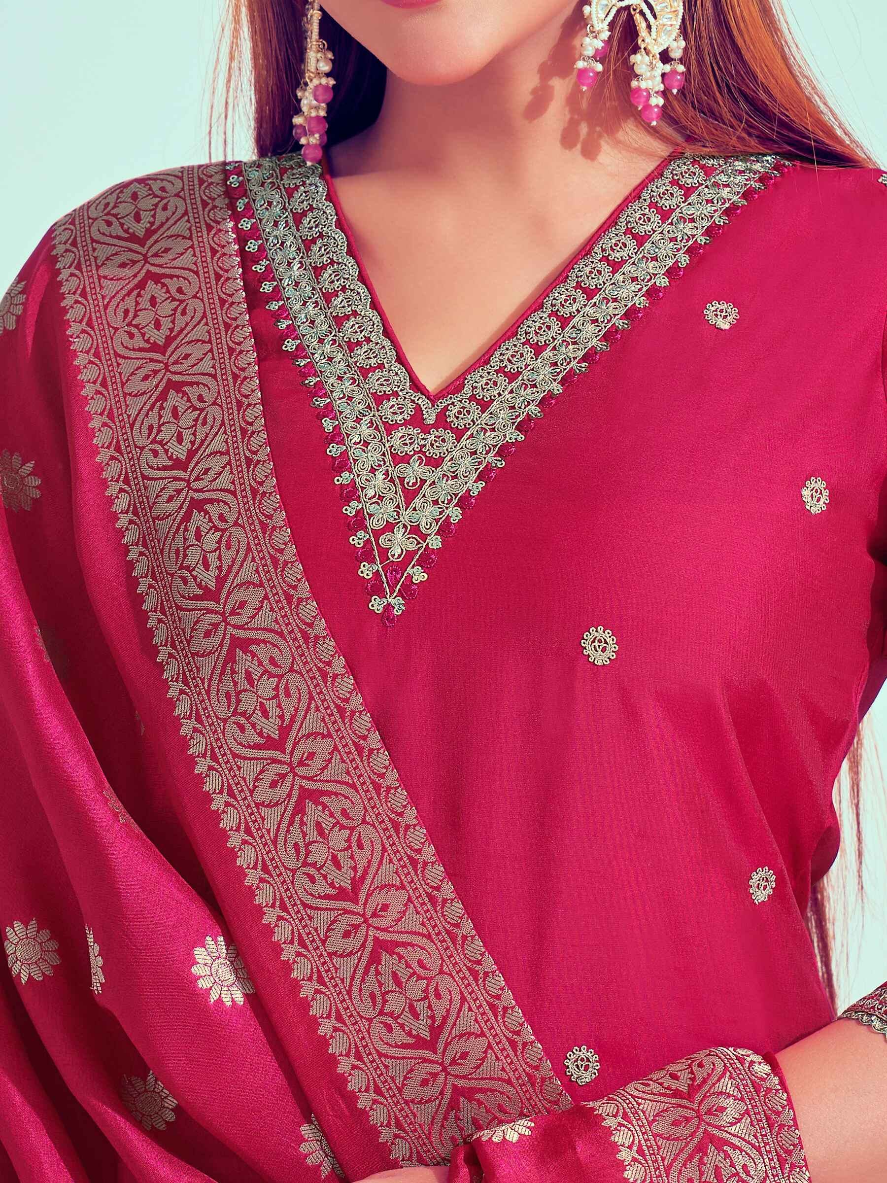 Adorable Rani Pink Cord Embroidery Silk Event Wear Pant Suit - Zeel Clothing