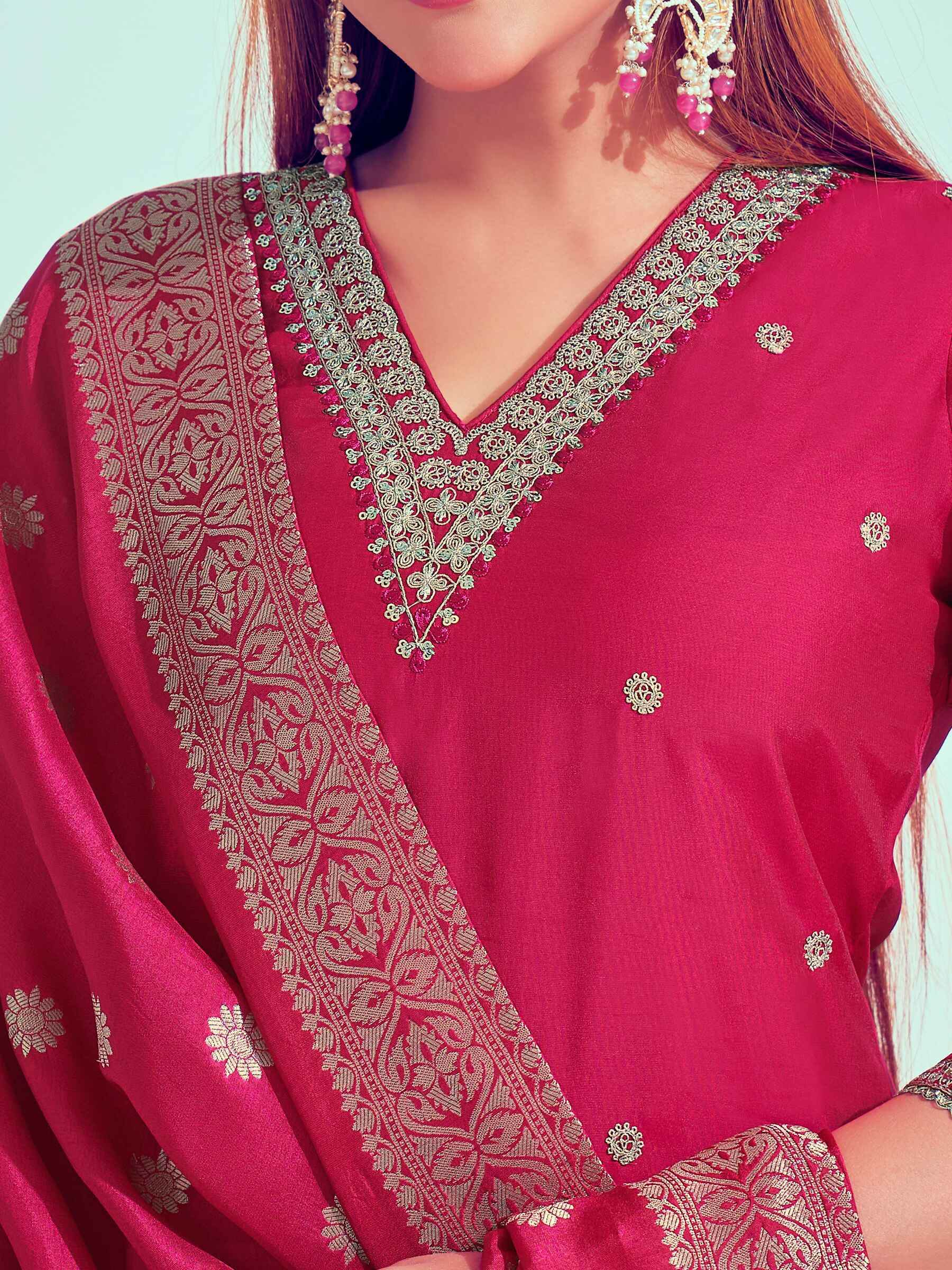Adorable Rani Pink Cord Embroidery Silk Event Wear Pant Suit - Zeel Clothing