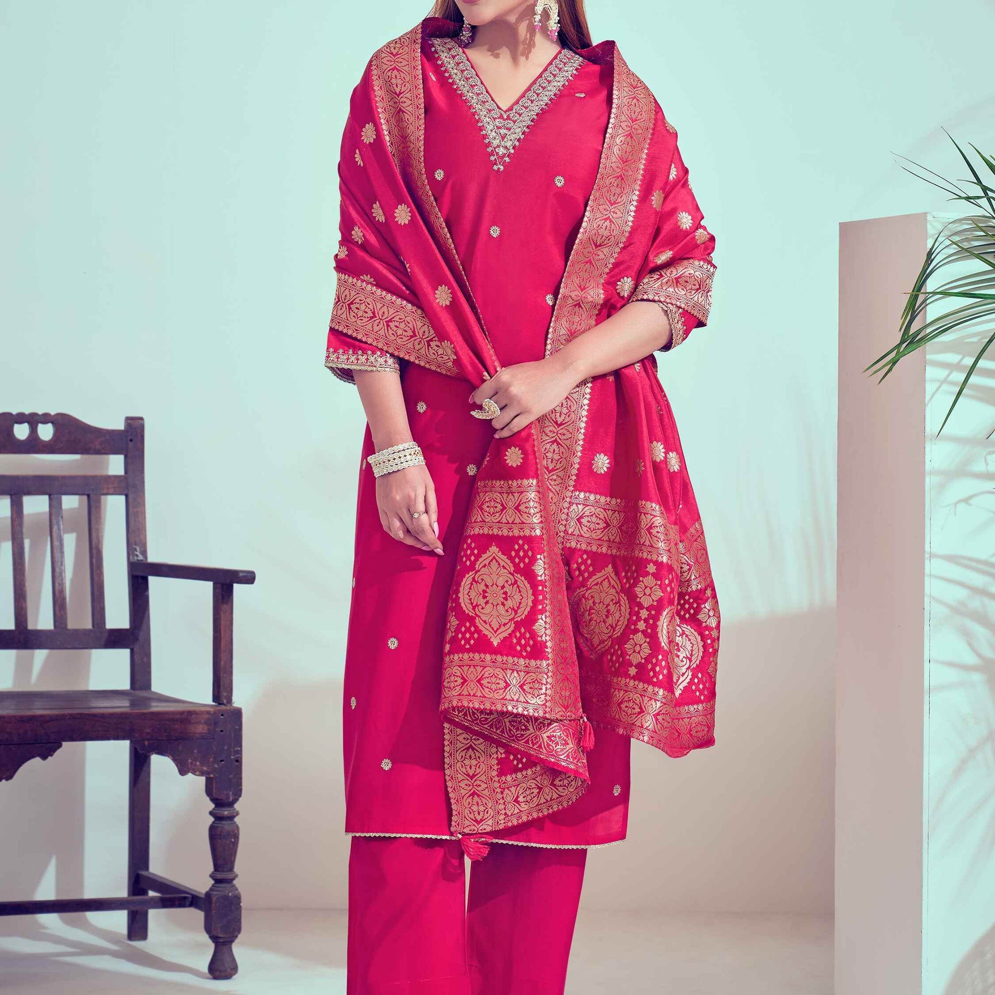 Adorable Rani Pink Cord Embroidery Silk Event Wear Pant Suit - Zeel Clothing