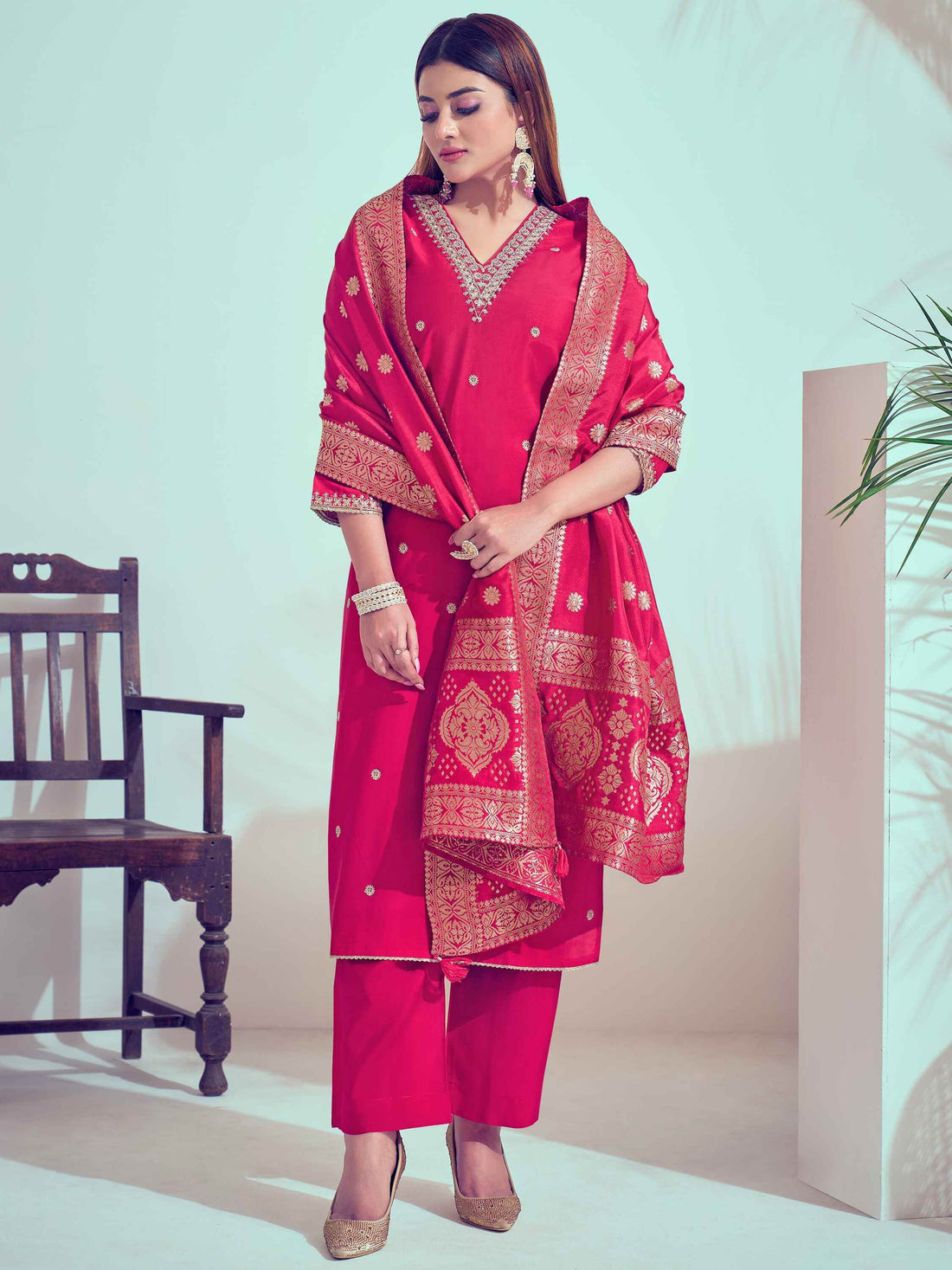 Adorable Rani Pink Cord Embroidery Silk Event Wear Pant Suit - Zeel Clothing