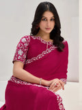 Adorable Rani Pink Lace Work Satin Festival Wear Saree With Blouse - Zeel Clothing