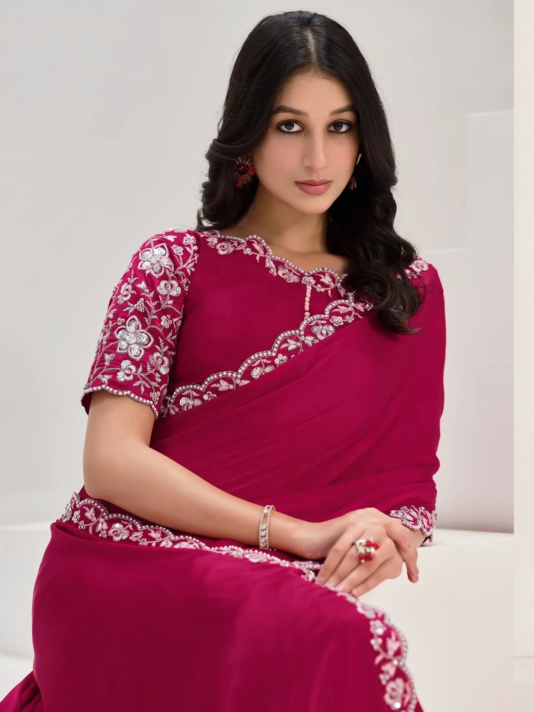 Adorable Rani Pink Lace Work Satin Festival Wear Saree With Blouse - Zeel Clothing