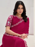 Adorable Rani Pink Lace Work Satin Festival Wear Saree With Blouse - Zeel Clothing