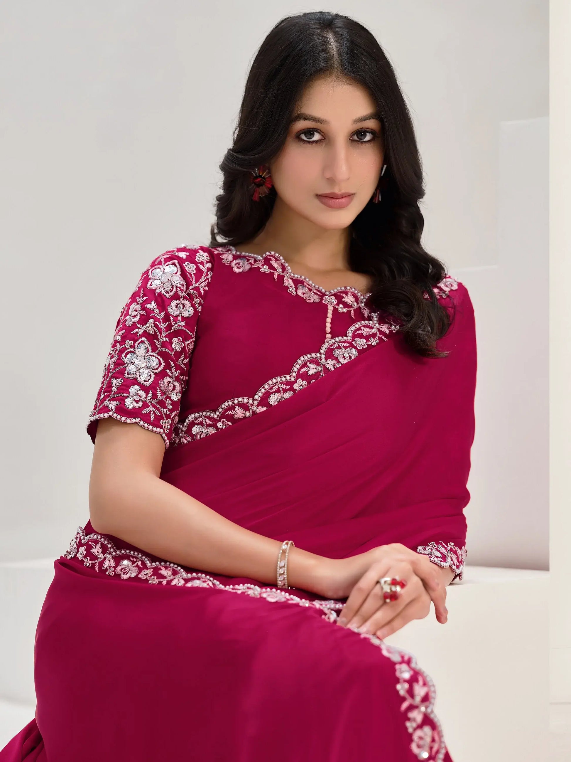 Adorable Rani Pink Lace Work Satin Festival Wear Saree With Blouse - Zeel Clothing