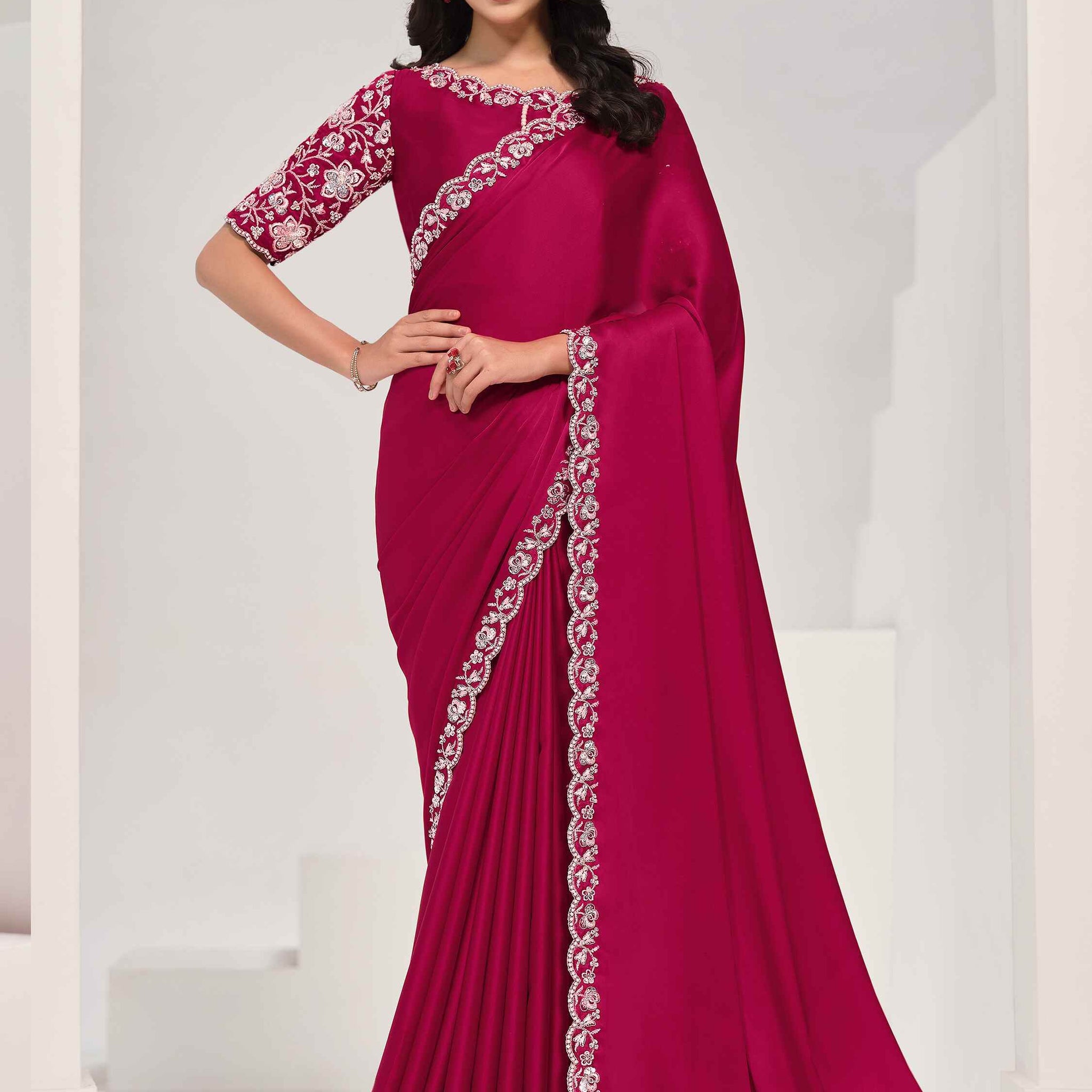 Adorable Rani Pink Lace Work Satin Festival Wear Saree With Blouse - Zeel Clothing