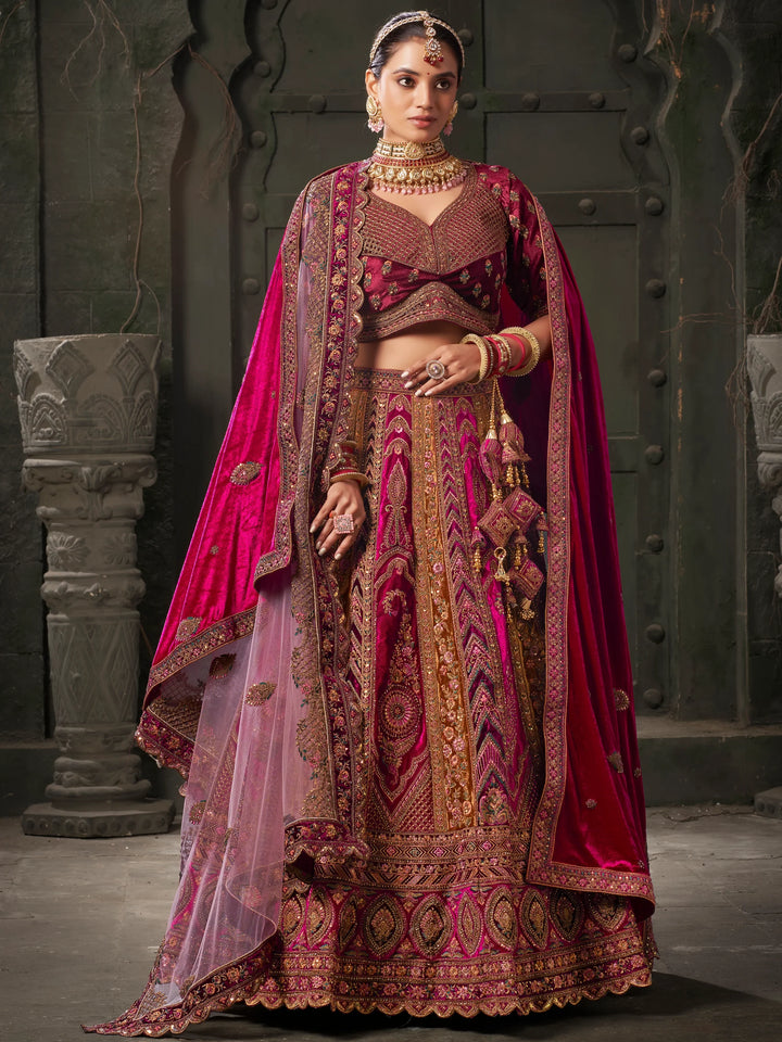 Adorable Rani Pink Velvet Bridal Lehenga Choli With Double Dupatta - Zeel Clothing