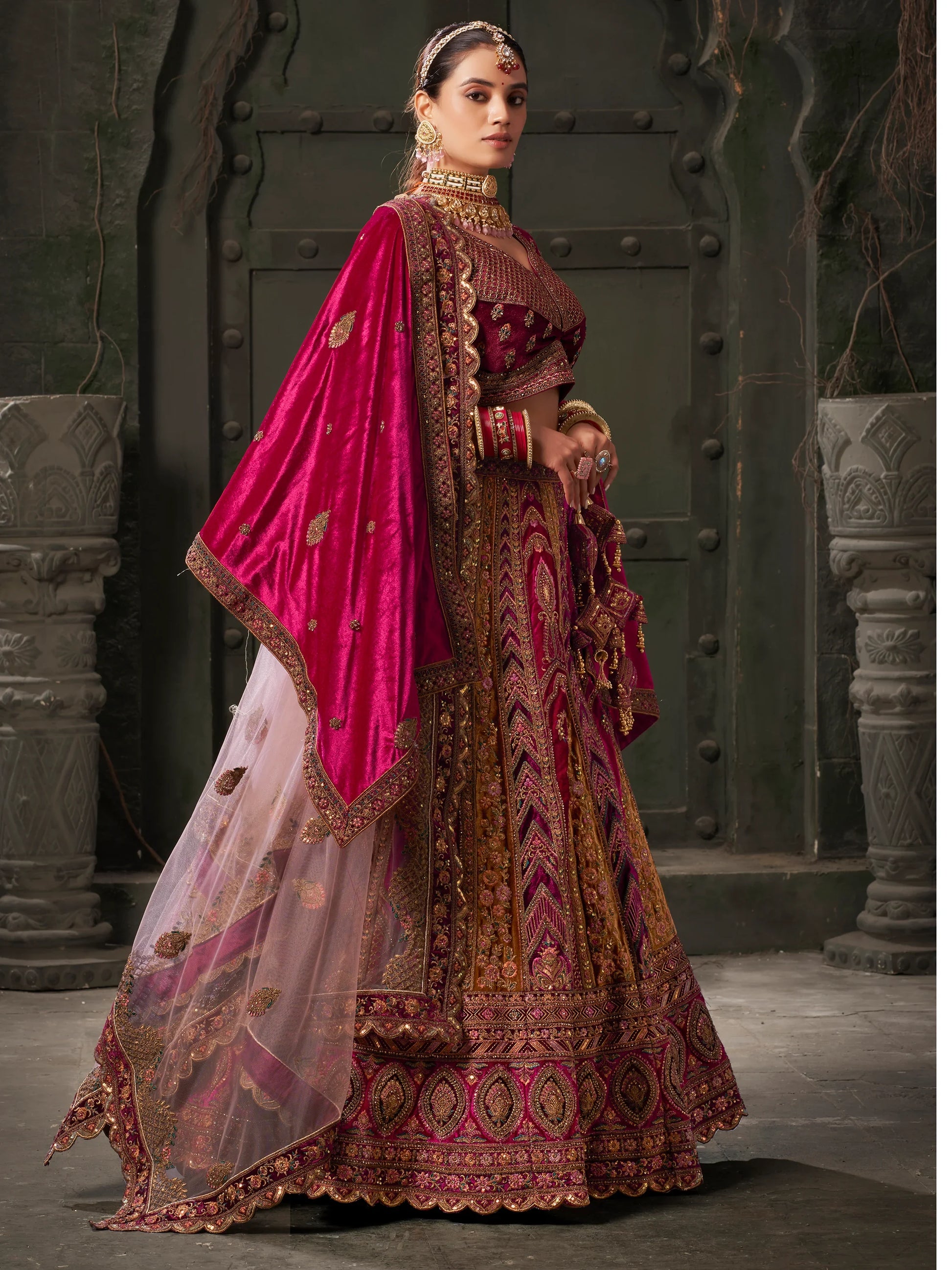 Adorable Rani Pink Velvet Bridal Lehenga Choli With Double Dupatta - Zeel Clothing