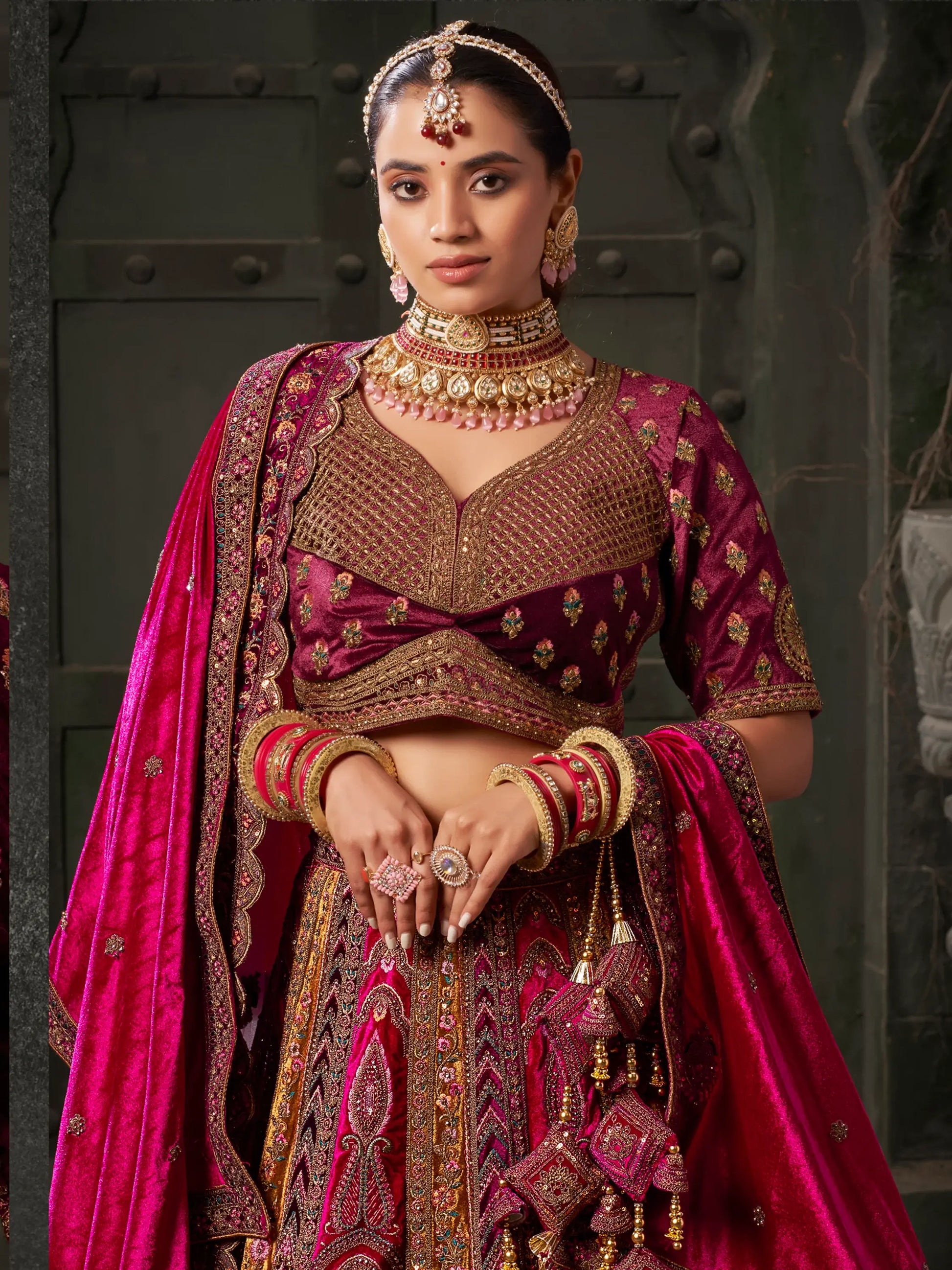 Adorable Rani Pink Velvet Bridal Lehenga Choli With Double Dupatta - Zeel Clothing