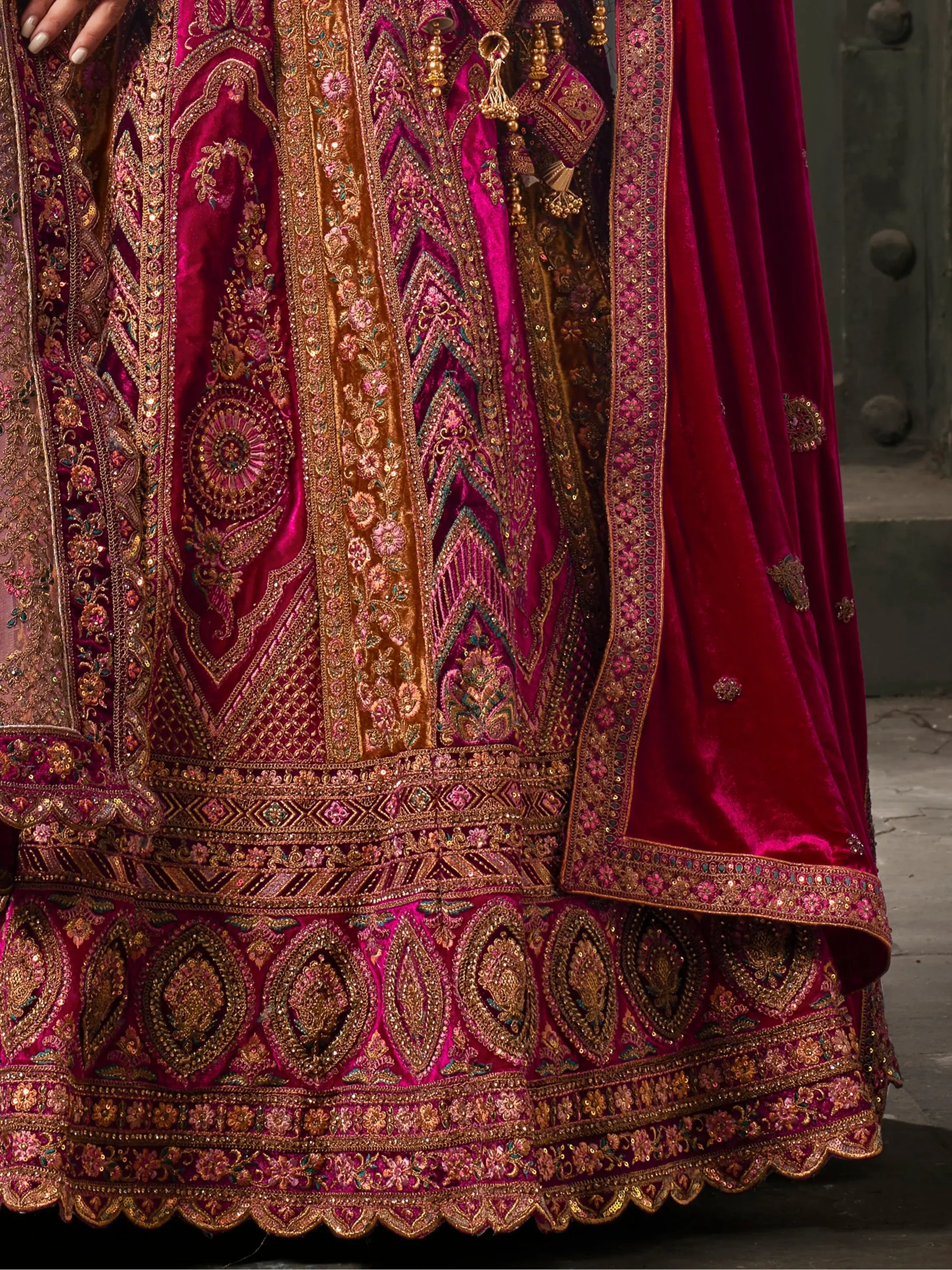 Adorable Rani Pink Velvet Bridal Lehenga Choli With Double Dupatta - Zeel Clothing
