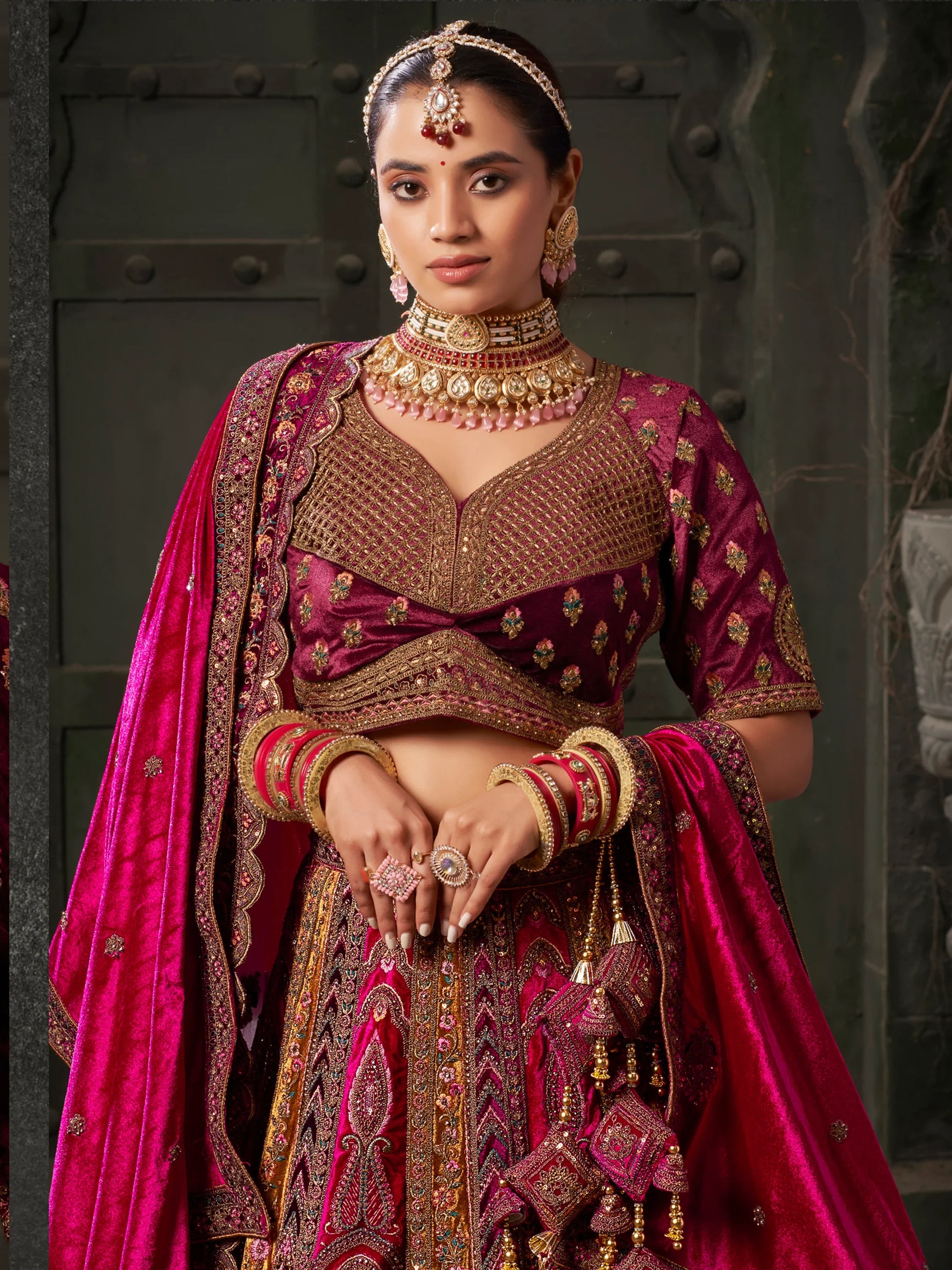 Adorable Rani Pink Velvet Bridal Lehenga Choli With Double Dupatta - Zeel Clothing